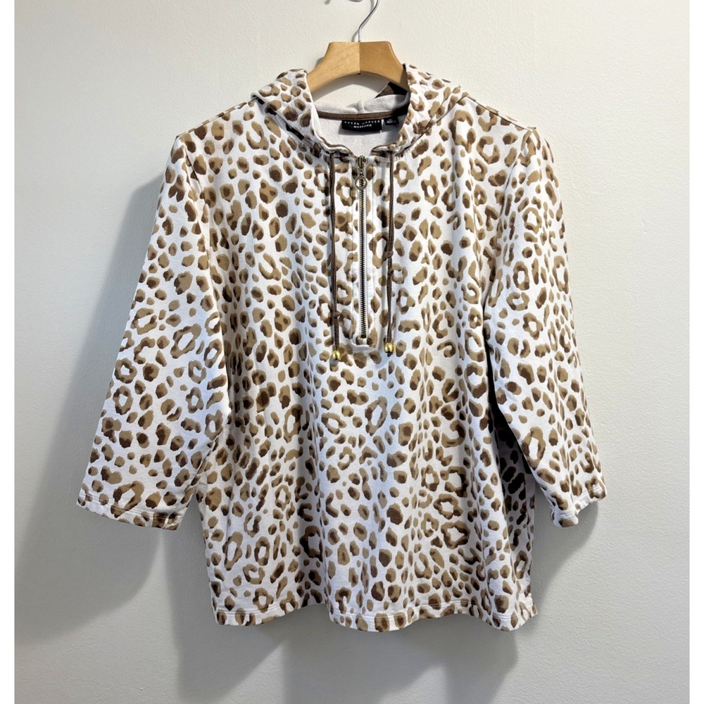 Susan Graver Weekend 1/2 Zip Pullover Hoodie Womens XL Leopard Print 3/4 Sleeve